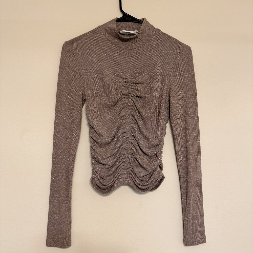 ELODIE Brown Mock Neck Long Sleeve Gathered Ruching Top | S